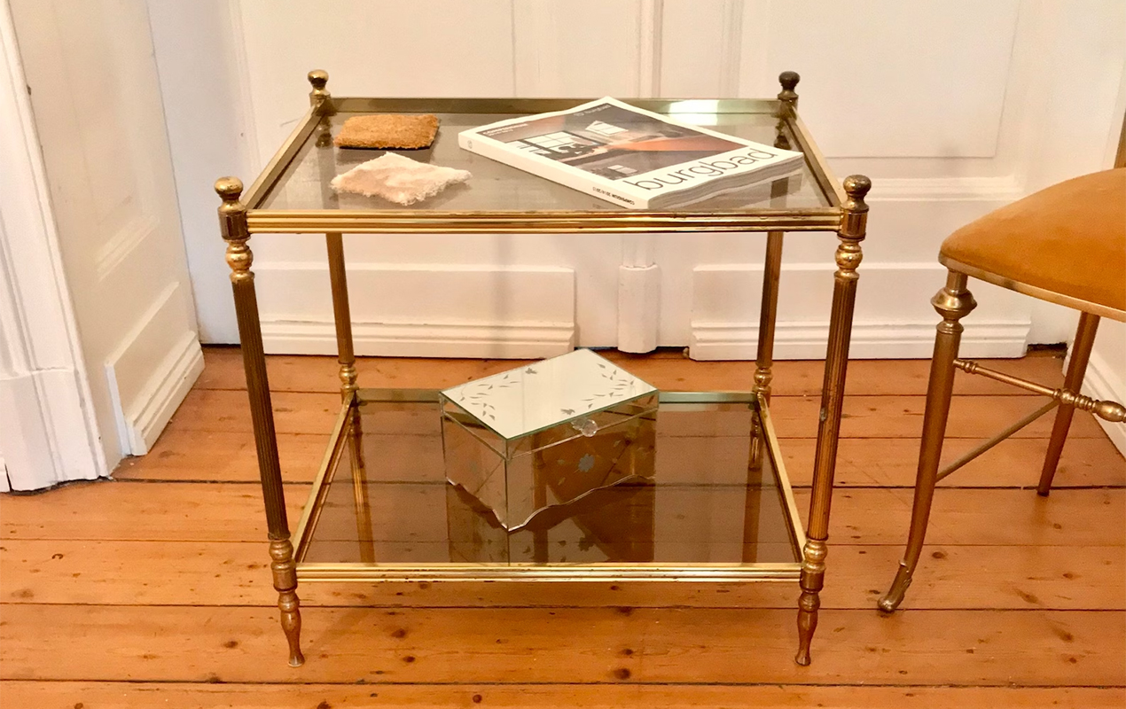 The Ornate Brass Coffee Table with Murano Crystal Mirrored Glass Shelves