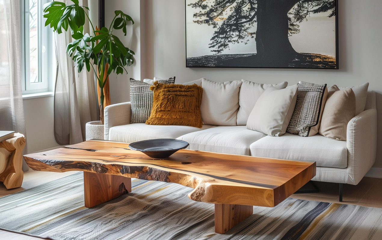 Neutral living room with rustic average coffee table weight