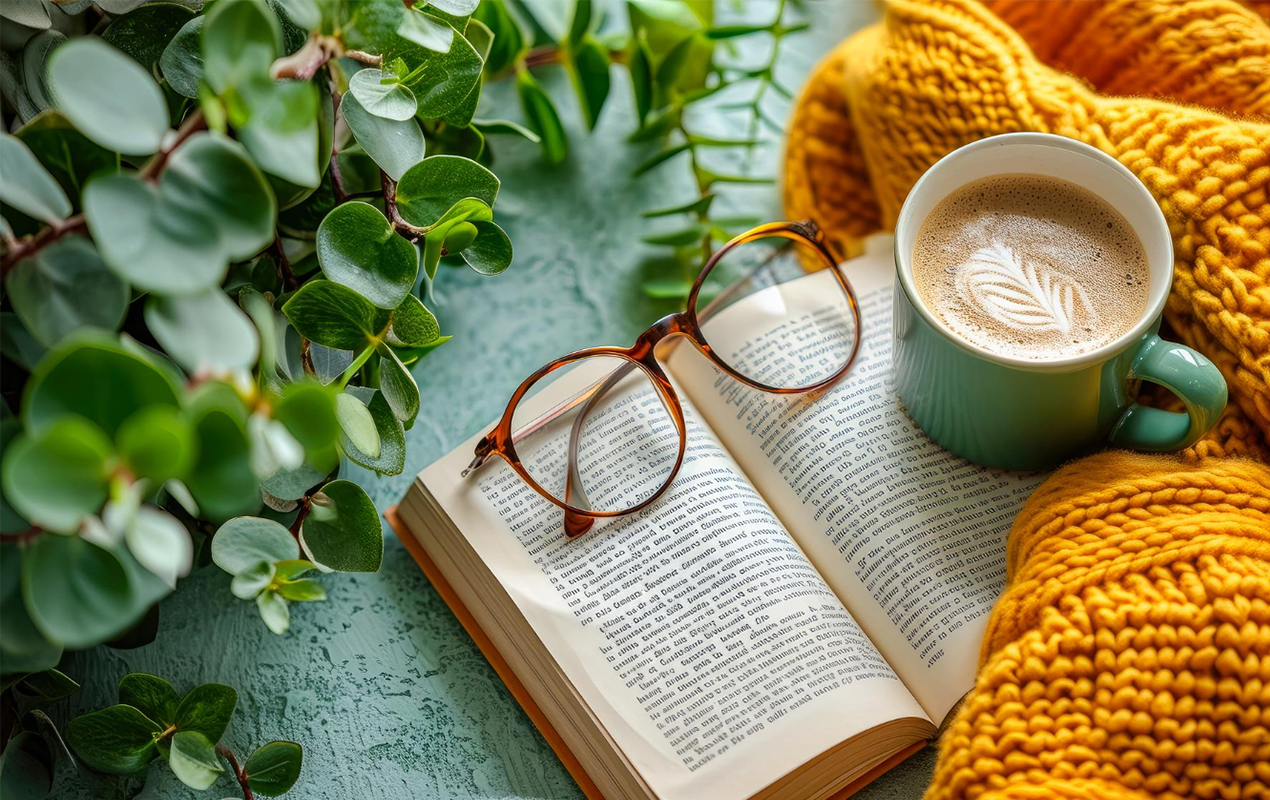Reading material with glasses, coffee, and greenery