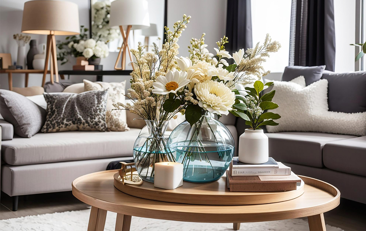 Modern coffee table with vases and florals