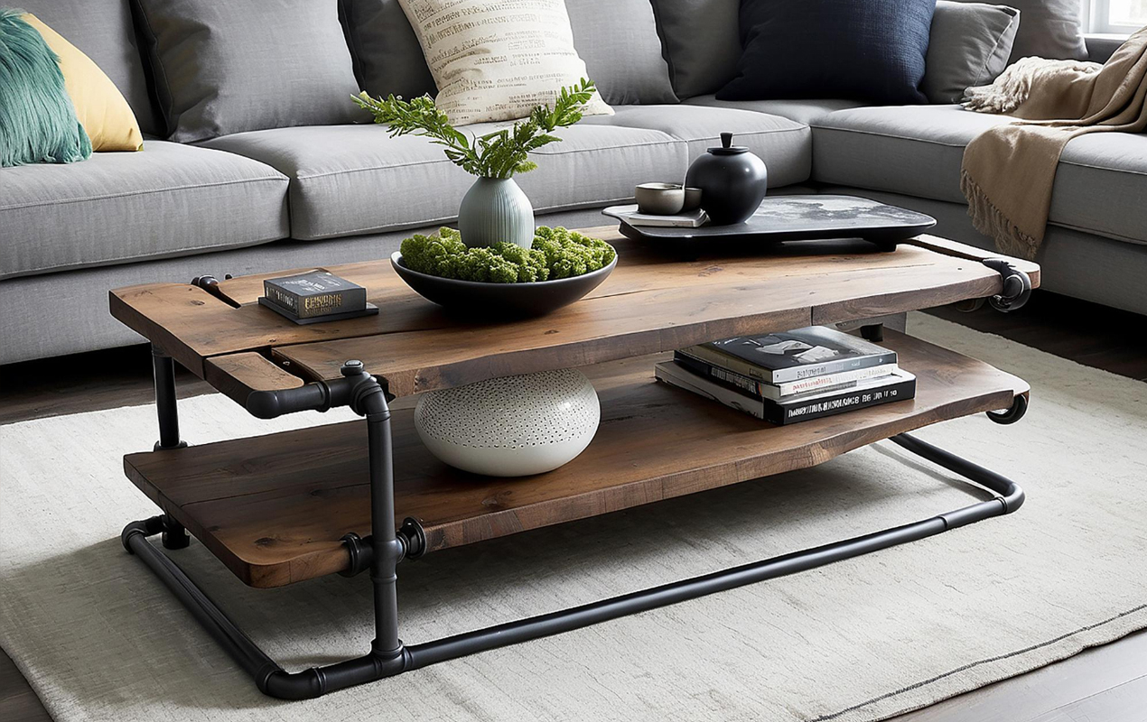 Neutral interior with industrial coffee table types