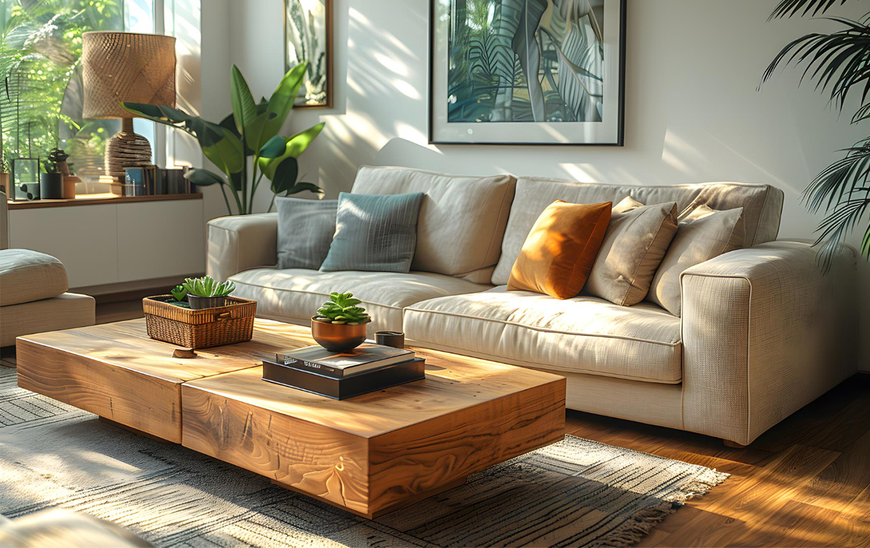 Living room design with butcher block furniture