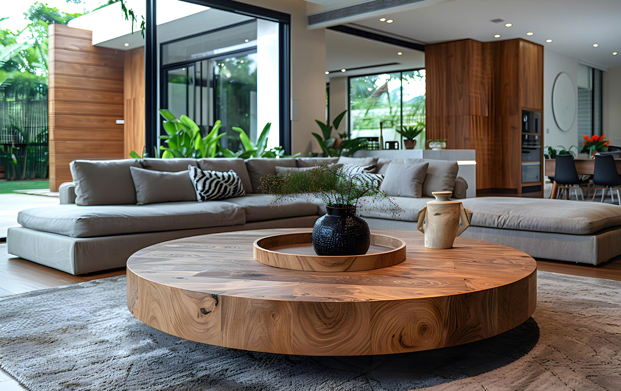 Open interior design with round coffee table shape