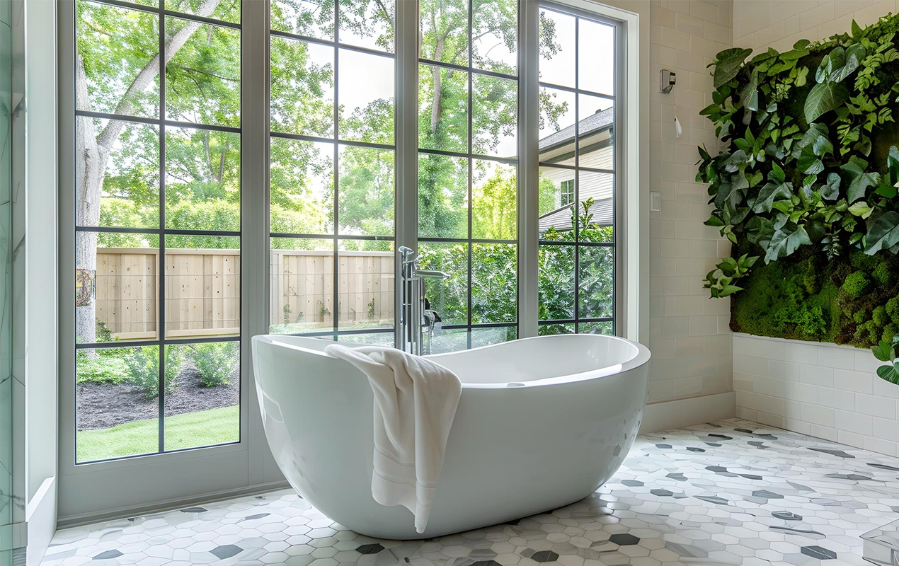 Bathroom with large windows and acrylic bathtub