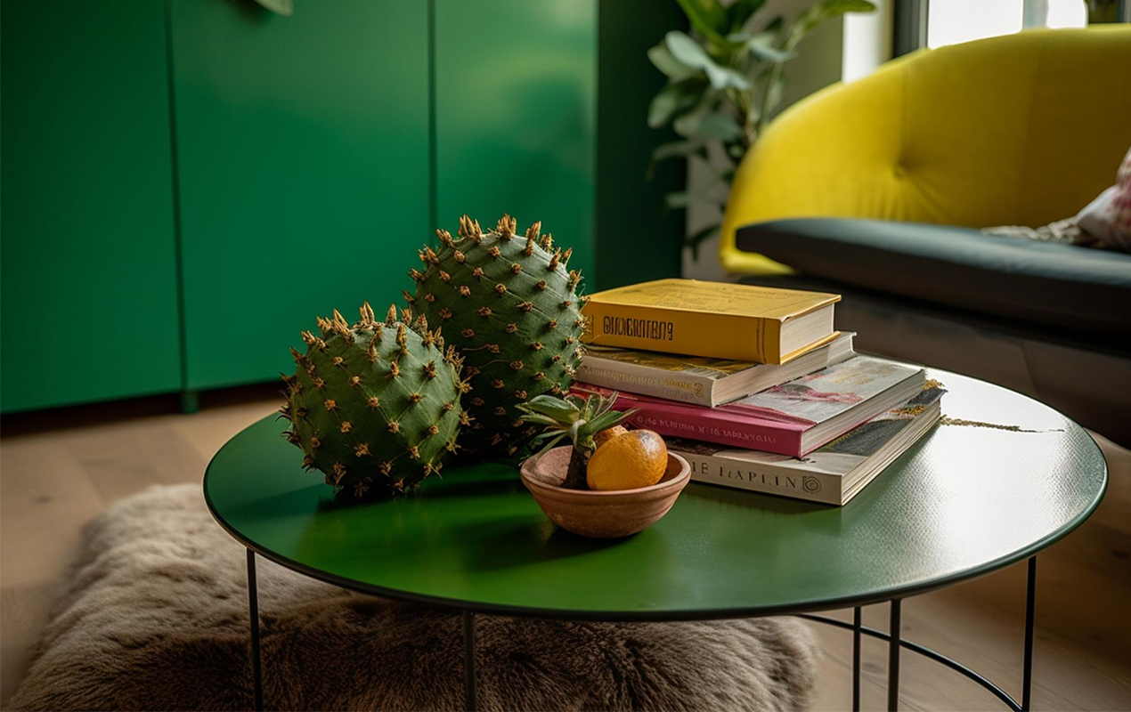 Home interior with green coffee table color