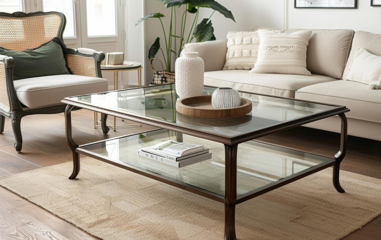 Living room design with glass coffee table material