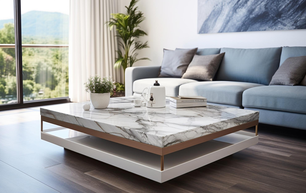 Luxury living room with stone coffee table material