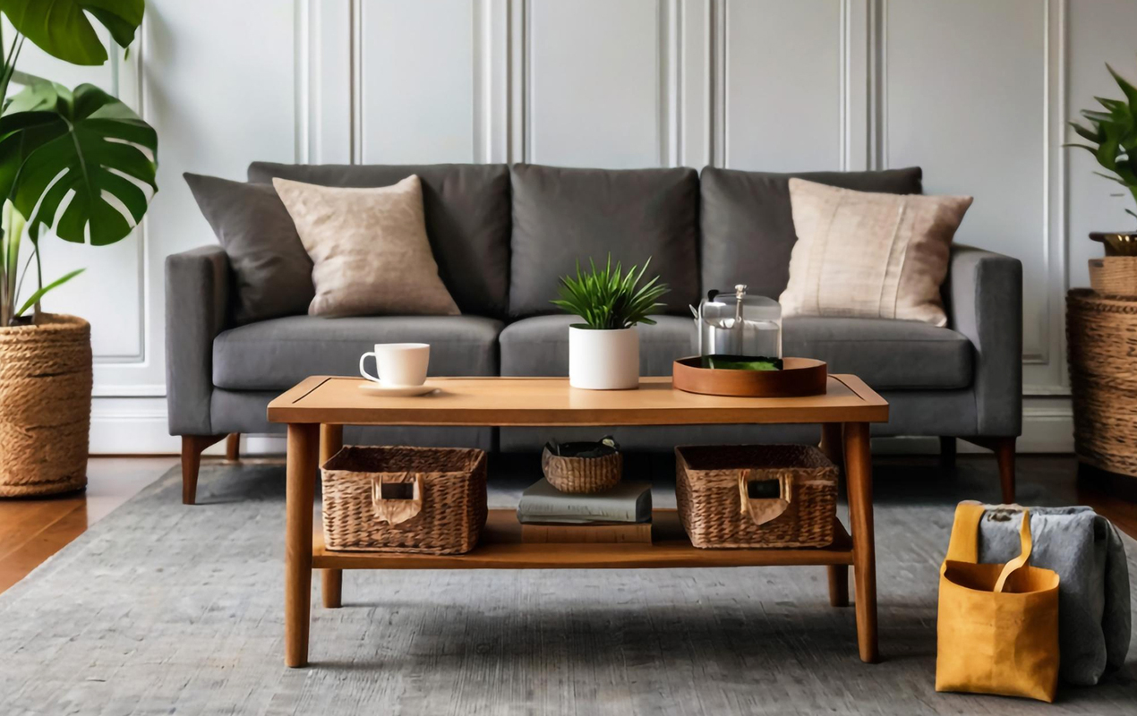 Living room with wooden coffee table material