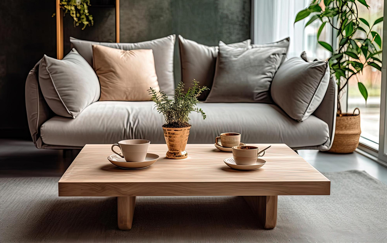 Gray living room space with and wood furniture