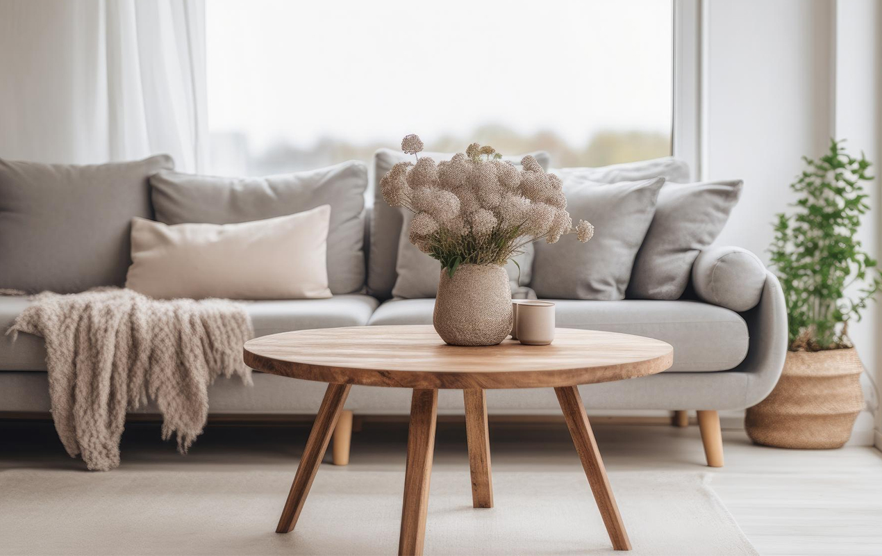 Living room interior with round coffee table overhang