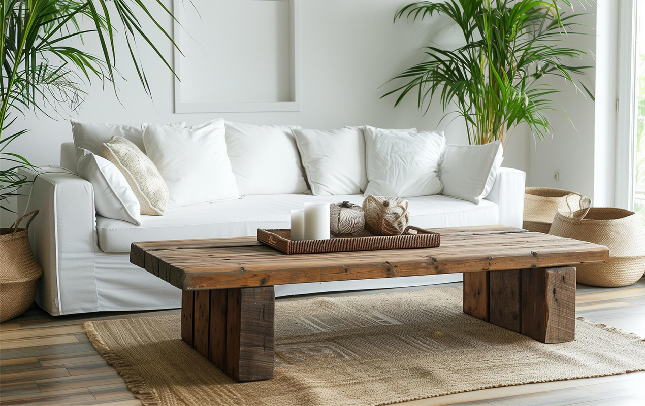 White living room with rustic coffee table shape