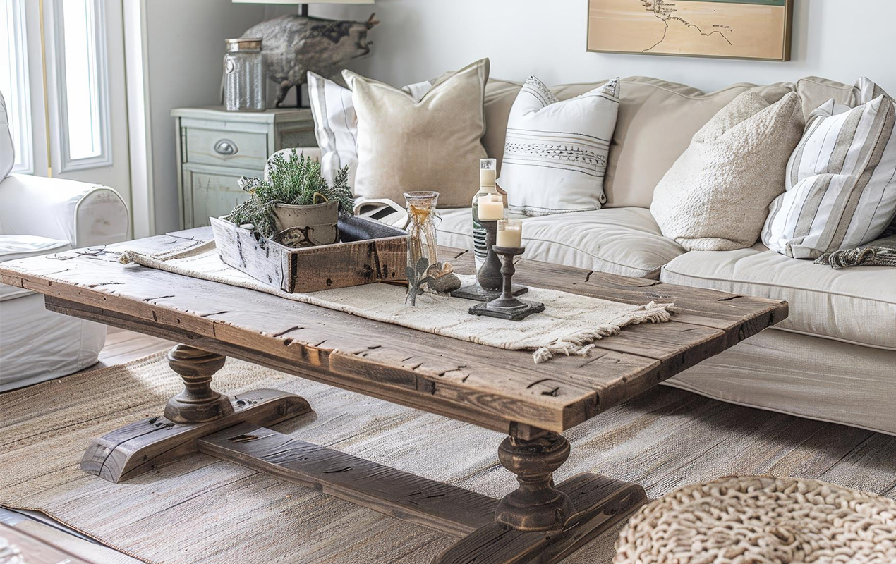 Reclaimed wood coffee table and decor