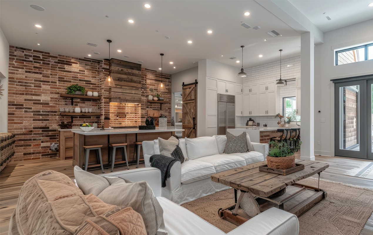 Living room interior with wooden accents.