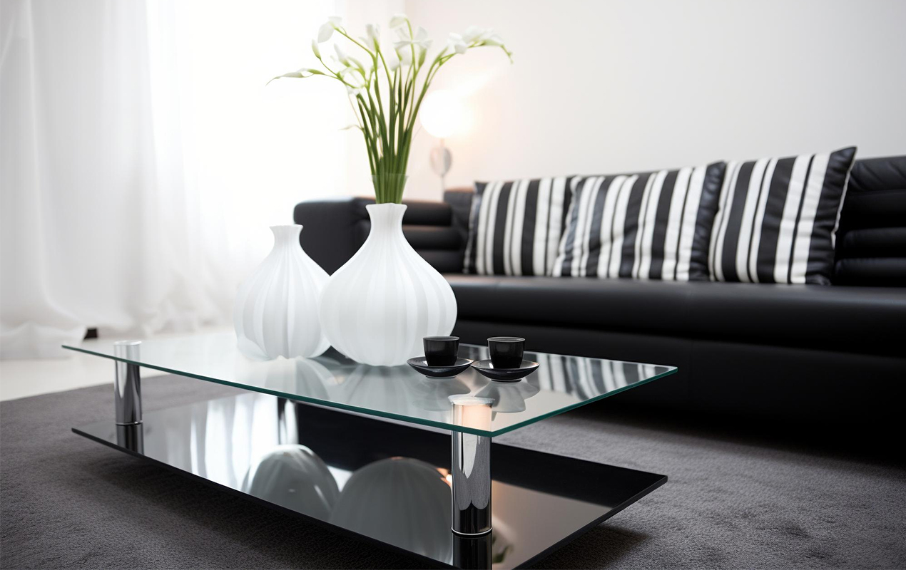 white living room interior with black glass coffee table durability