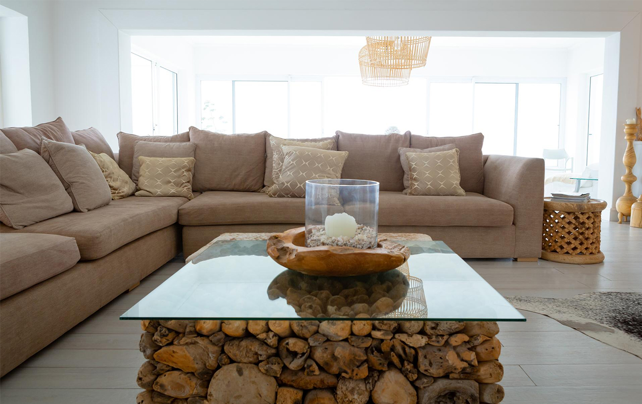 Living room interior with mixed material furniture