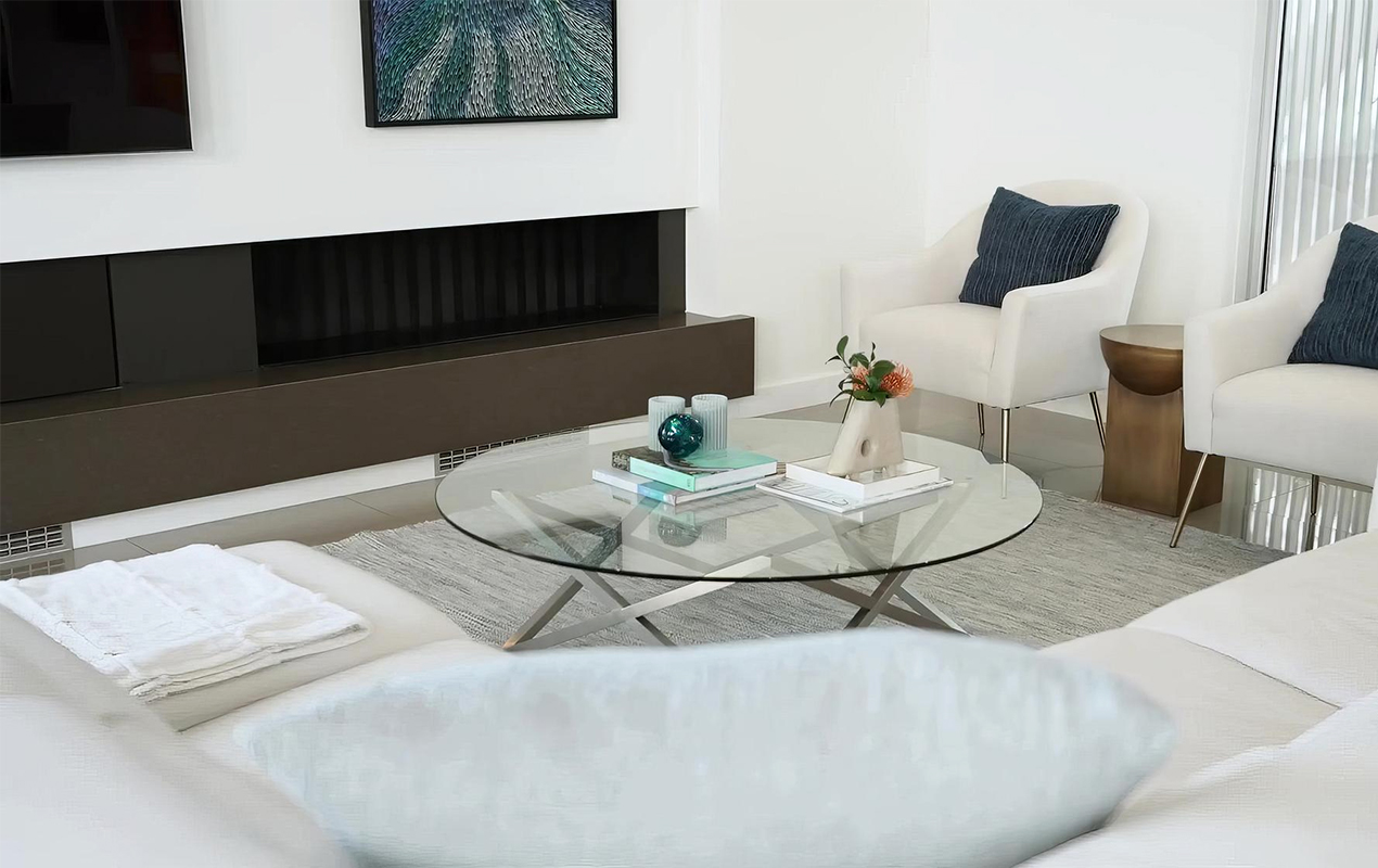 White living room interior with round coffee table thickness