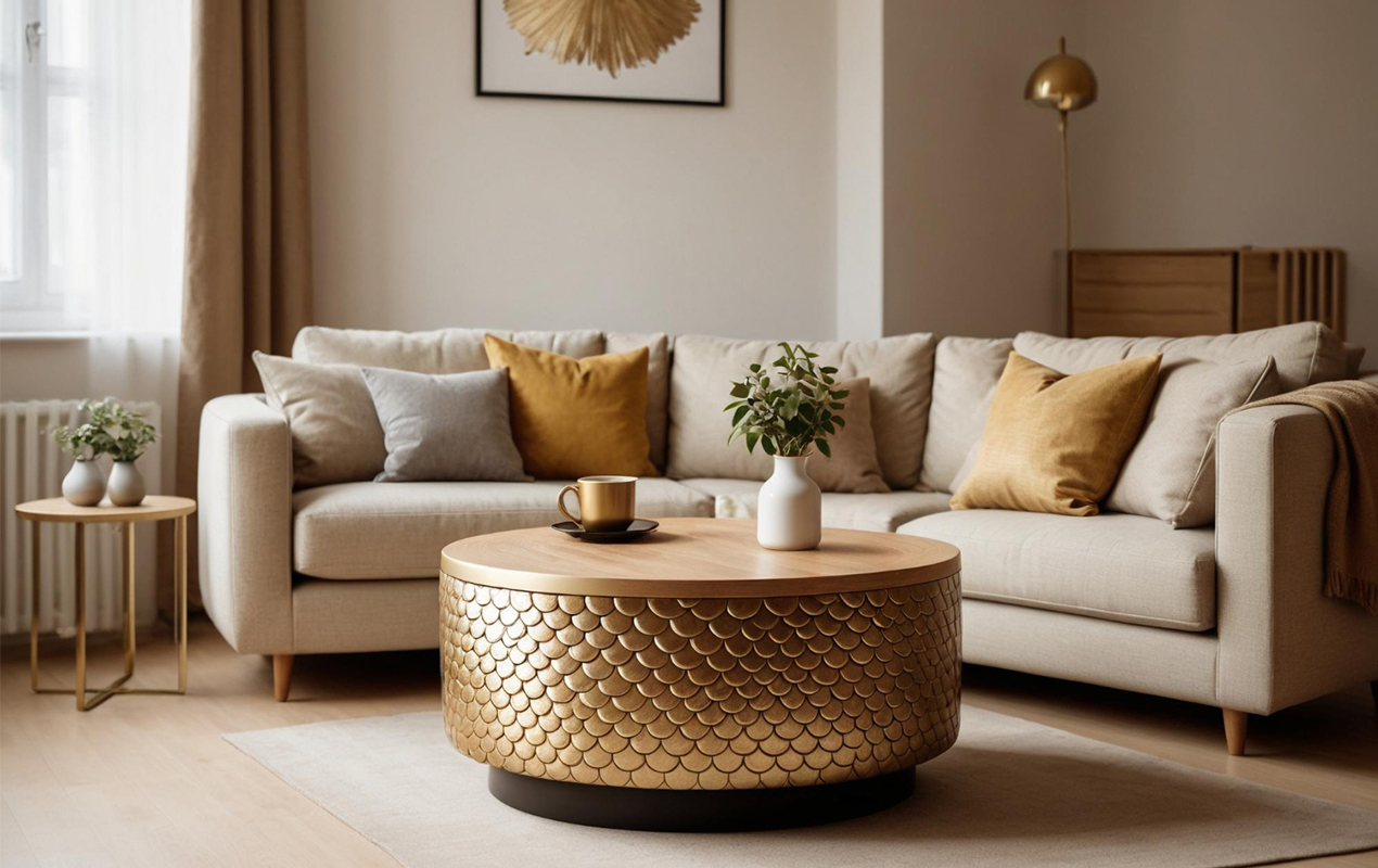 Modern living room with gold furniture