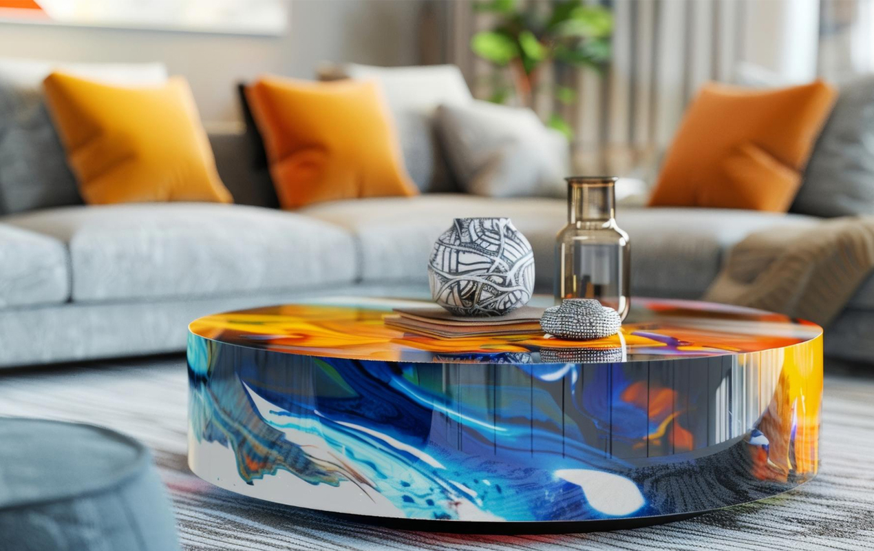 Living interior with multicolored coffee table color