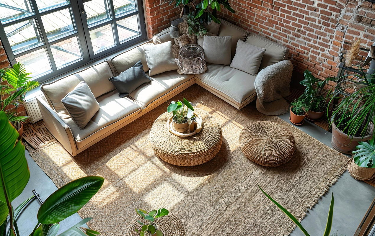 Living room interior with rattan accents