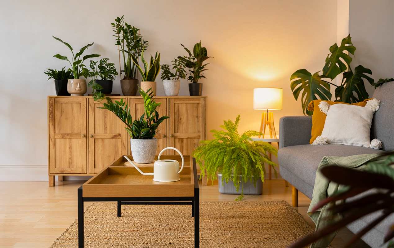 Wood inspired living room with greenery