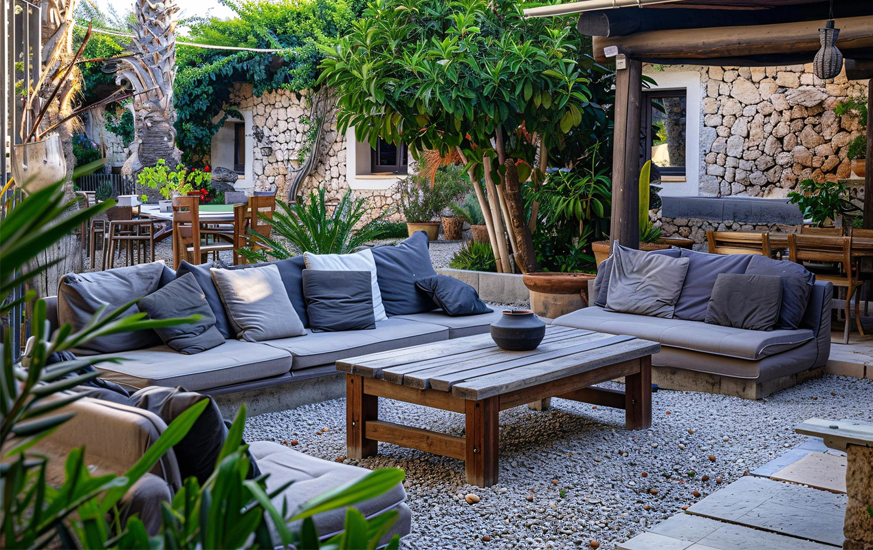 Rustic outdoor seting with wooden coffee table