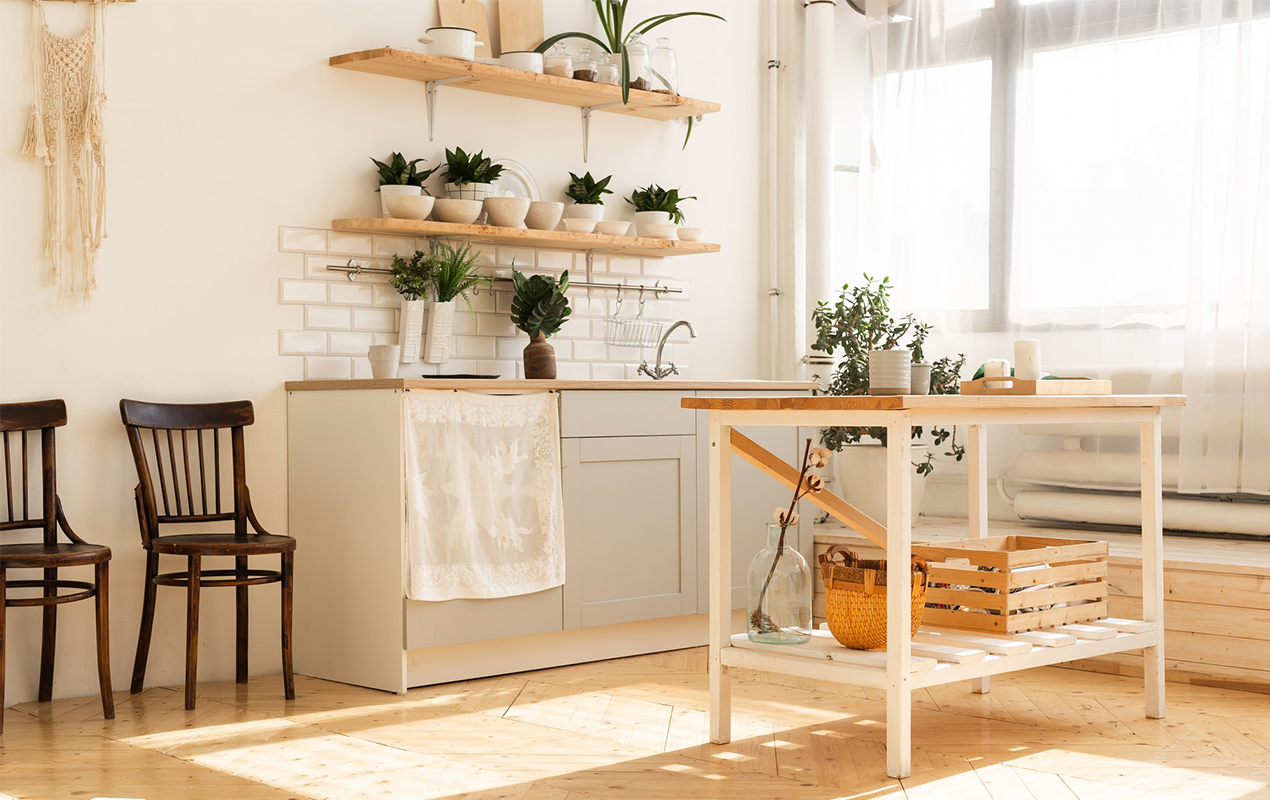 Home kitchen interior with natural light