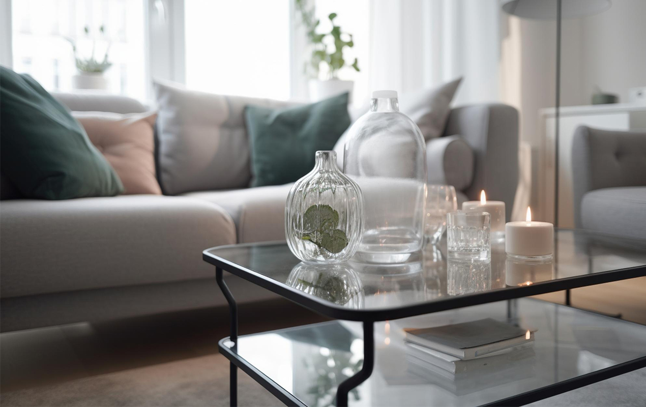 Living room with tiered feng shui glass coffee table