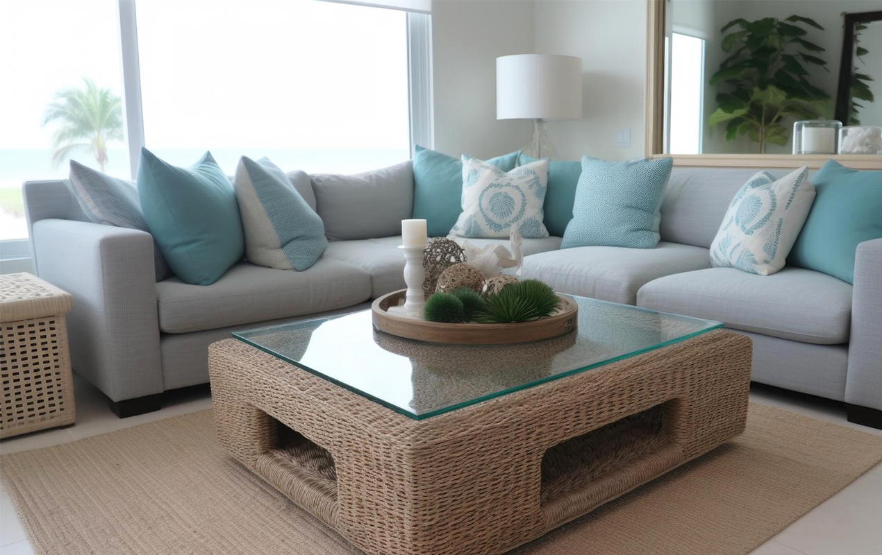 Coastal home interior with glass and rattan furniture