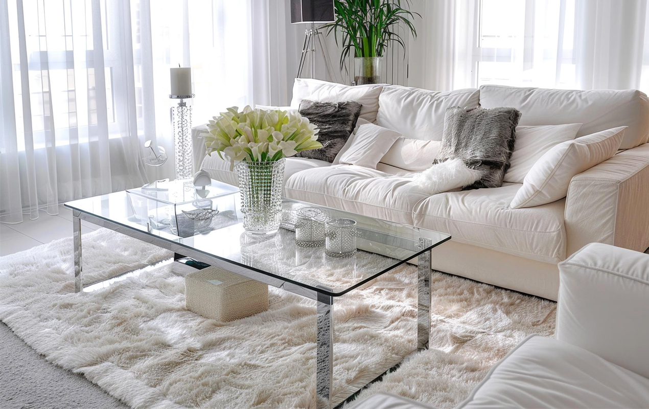 Living room with glass table and large decorative objects