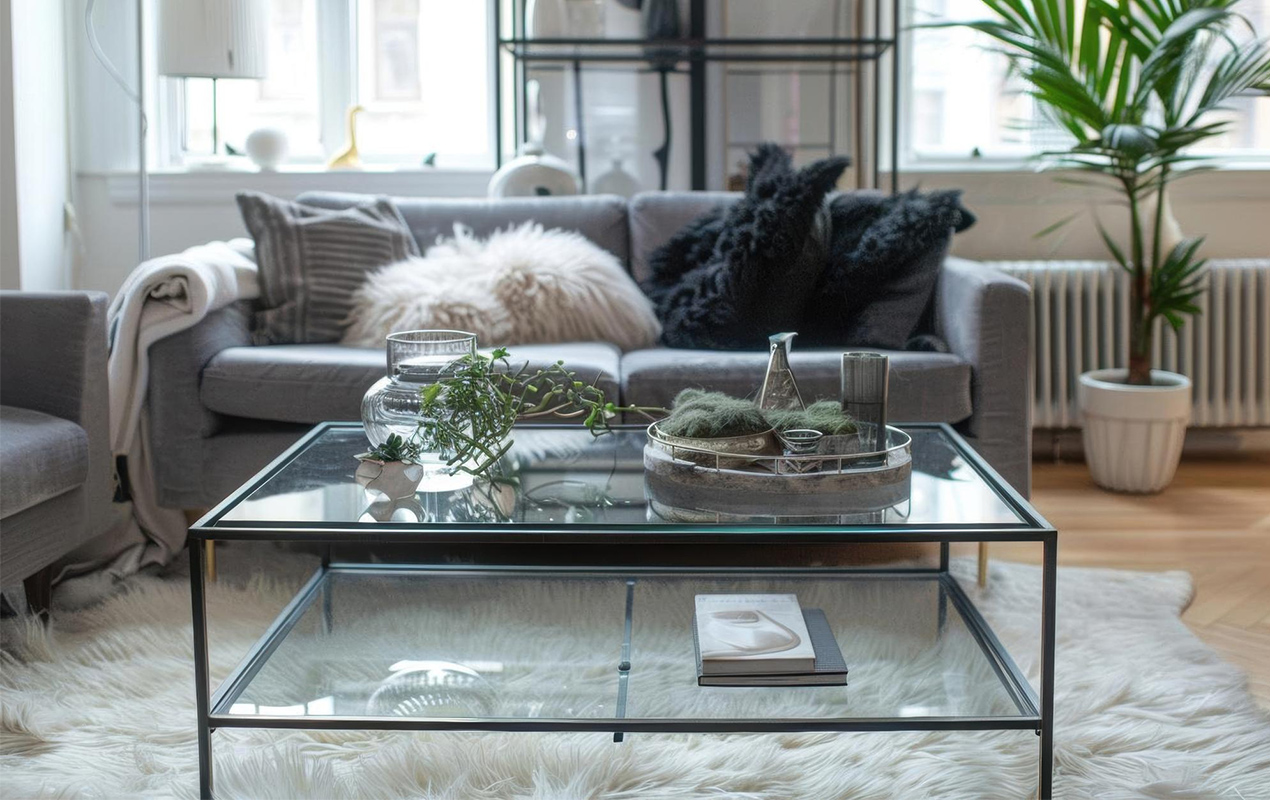 Living room with crowded glass table