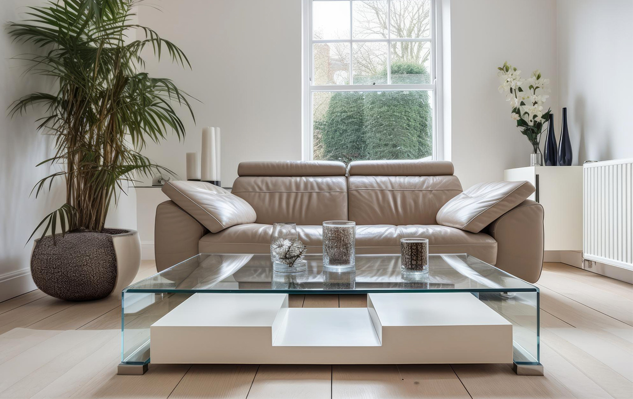 Modern living room with glass coffee table sliding prevention