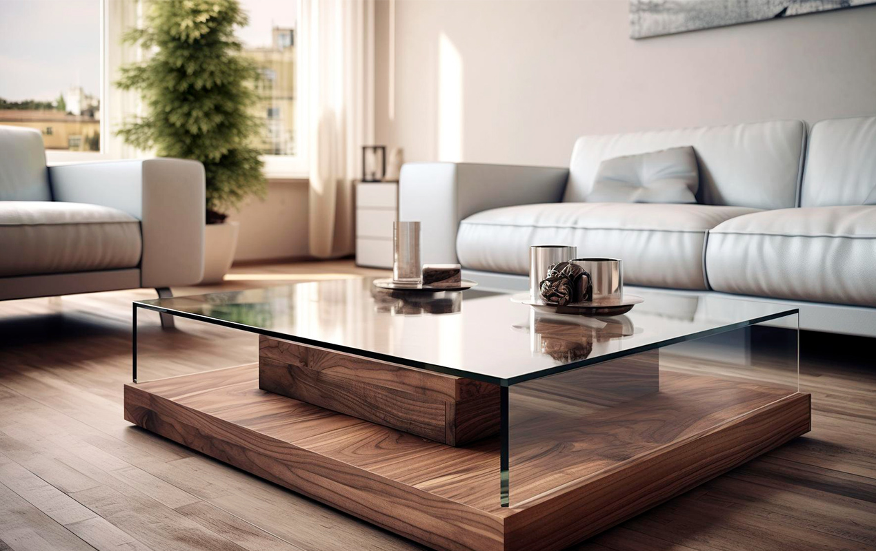 Home interior with wood and glass table