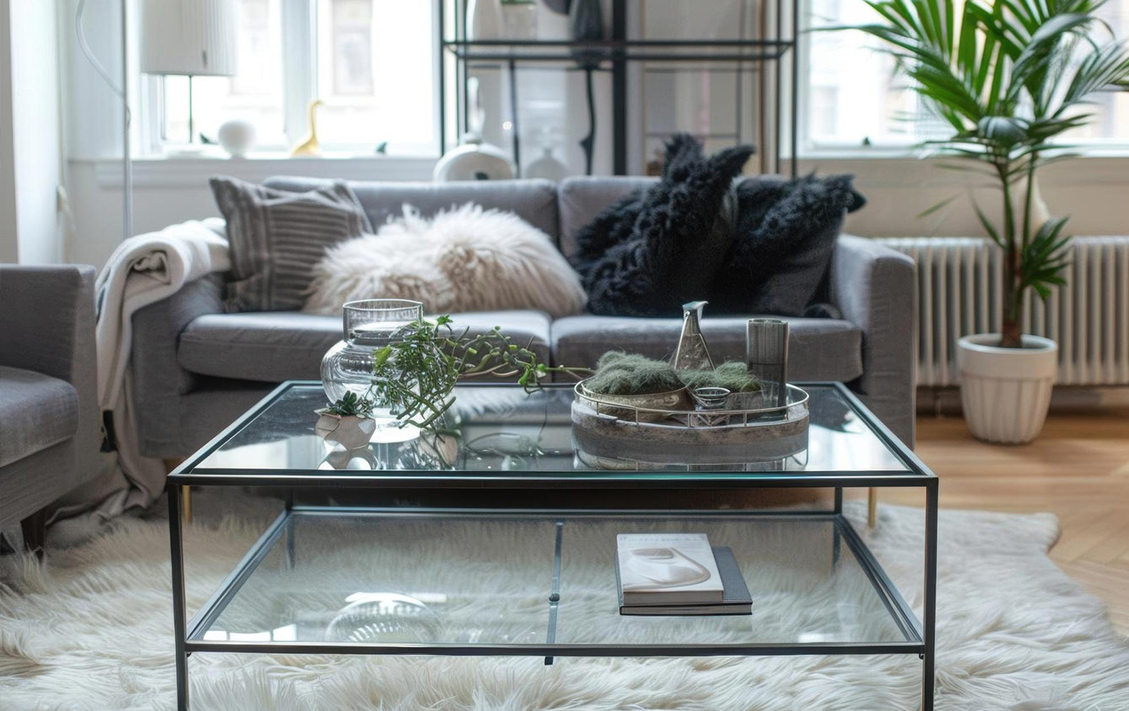 Home interior with metal and glass coffee table