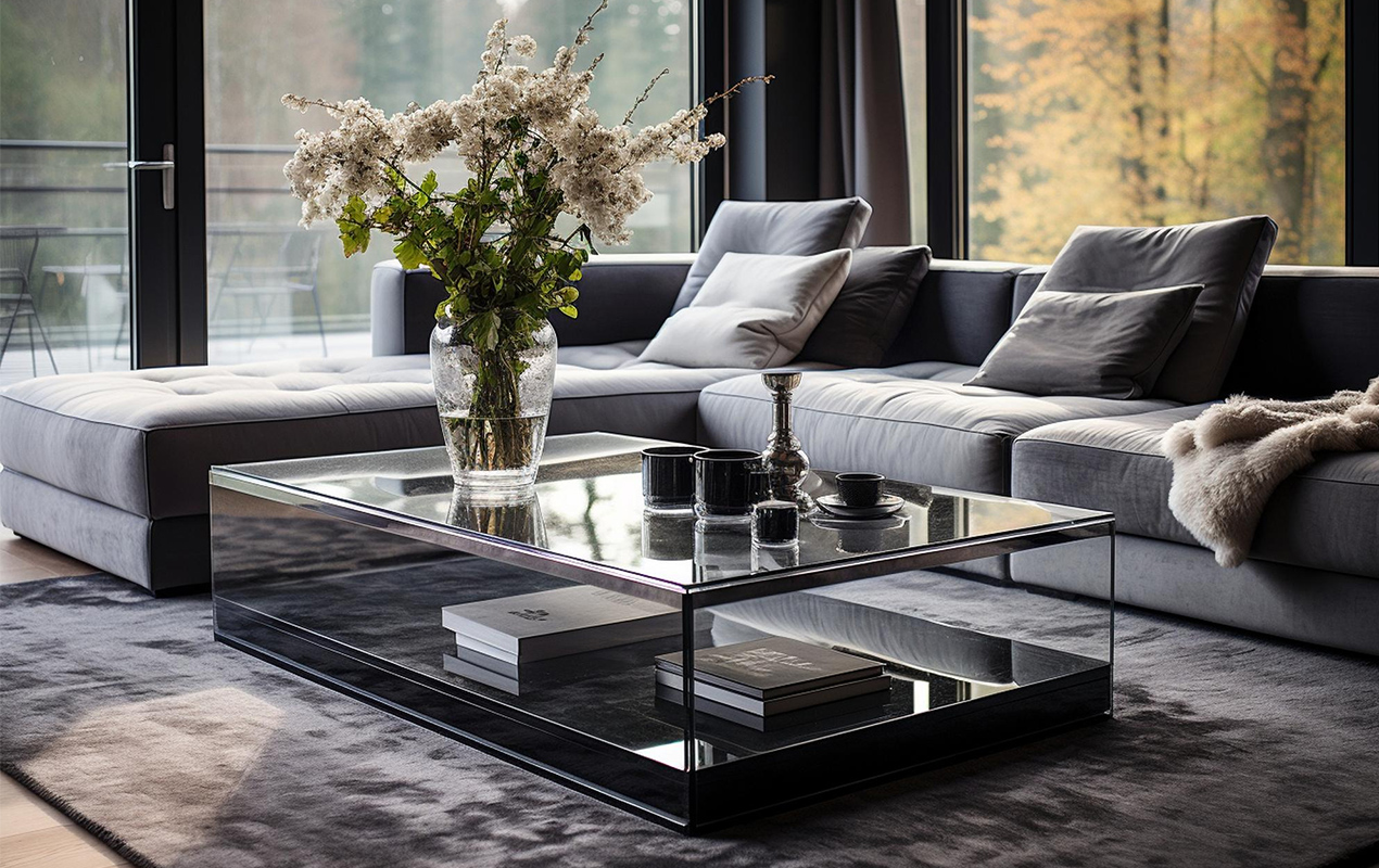 Modern home interior with black glass table