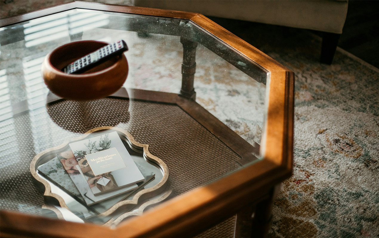 Living room with octagonal furniture.