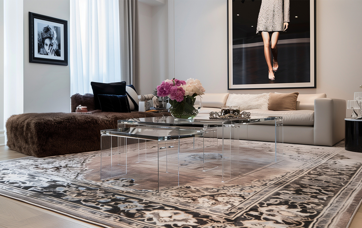 Living room interior with nesting acrylic tables