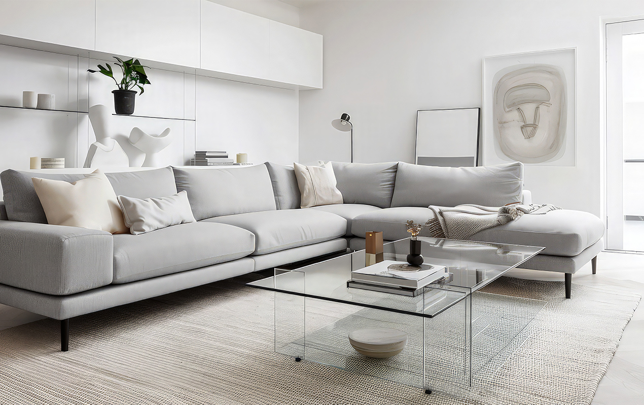 White living room interior with gray furniture