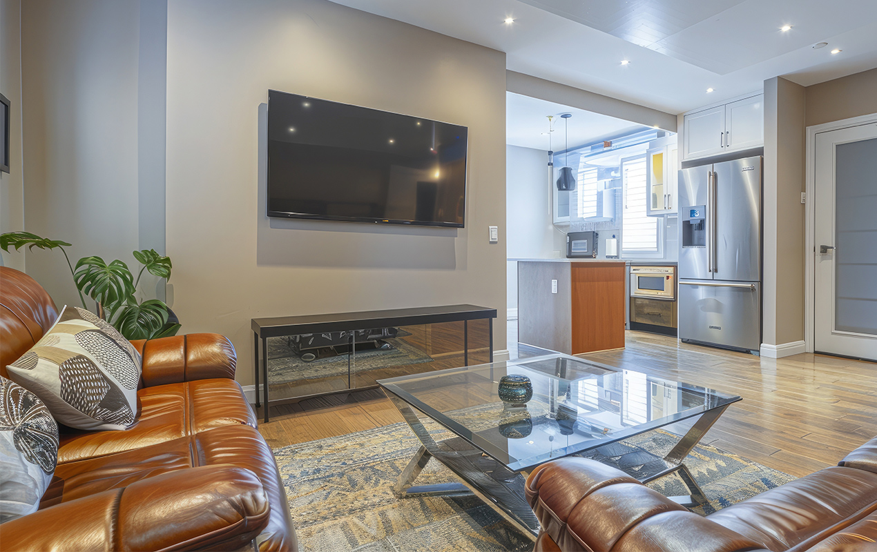 Home interior with glass coffee table