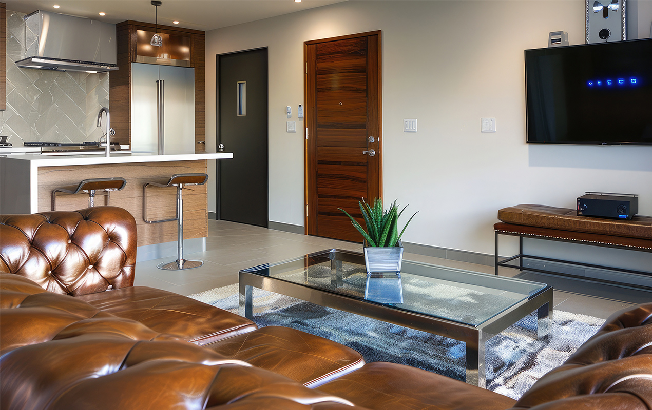 Open plan living room and kitchen interior