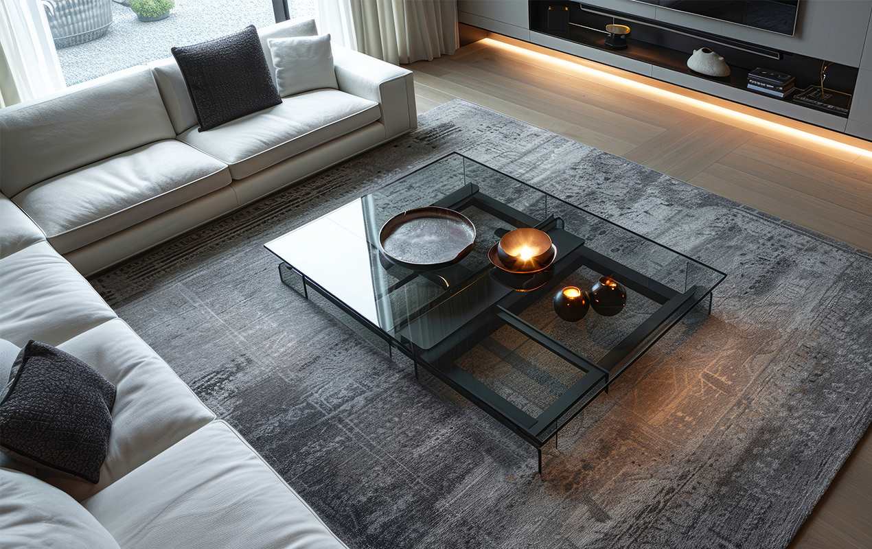 Modern home interior with large acrylic coffee table