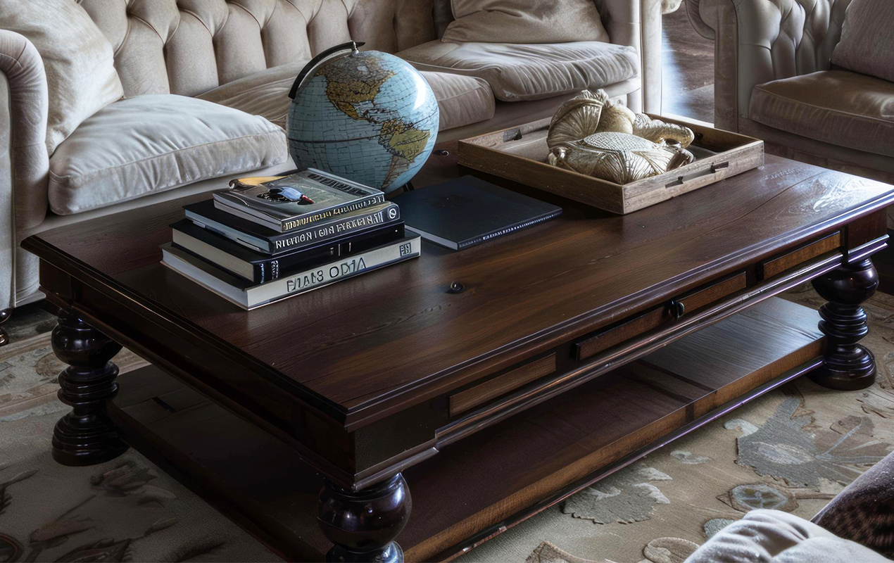 Home interior with mahogany coffee table 