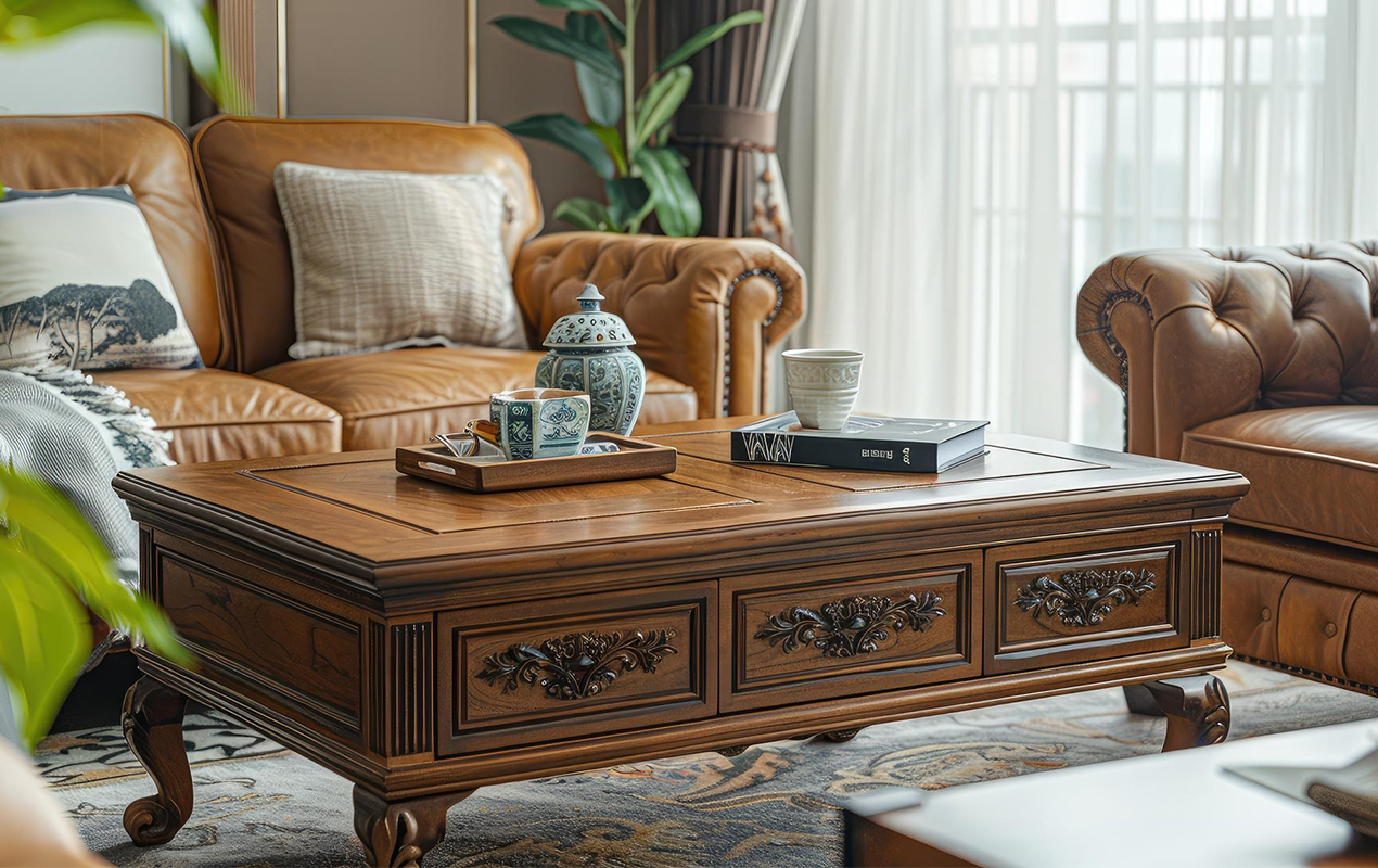 Home interior with vintage table with hardware to determine the Age of a Wooden Coffee Table