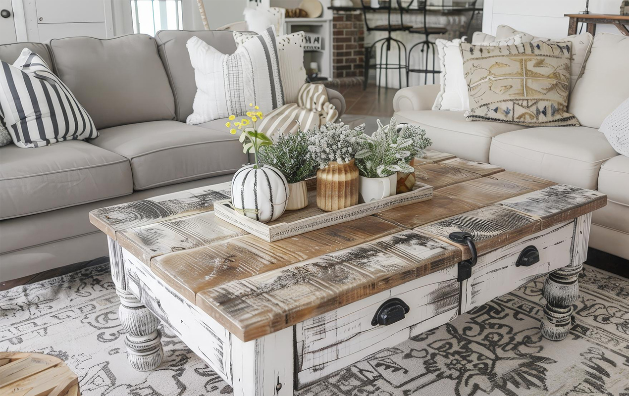 White and gray living room with distressed furniture