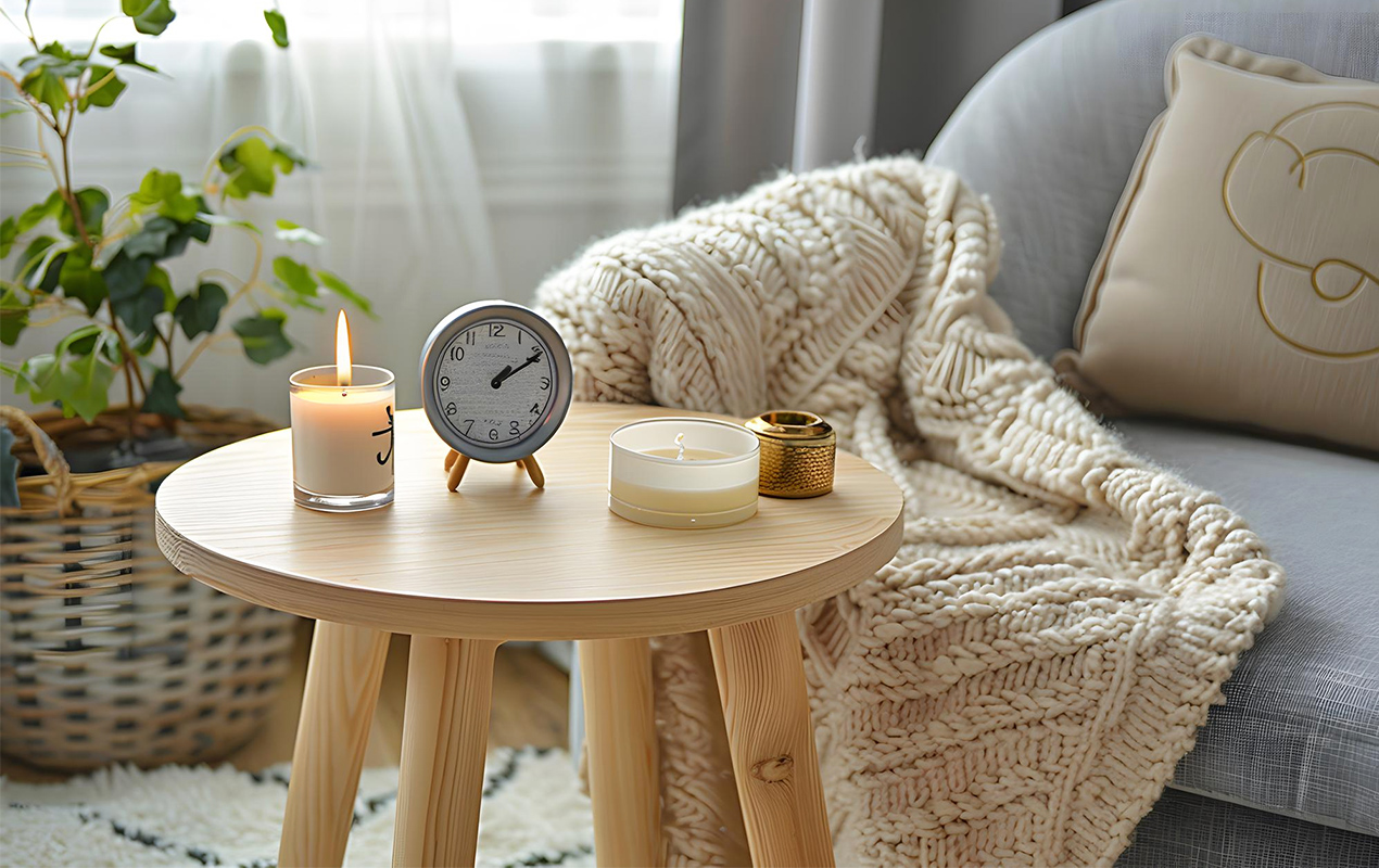 Cozy home interior with side table and decor