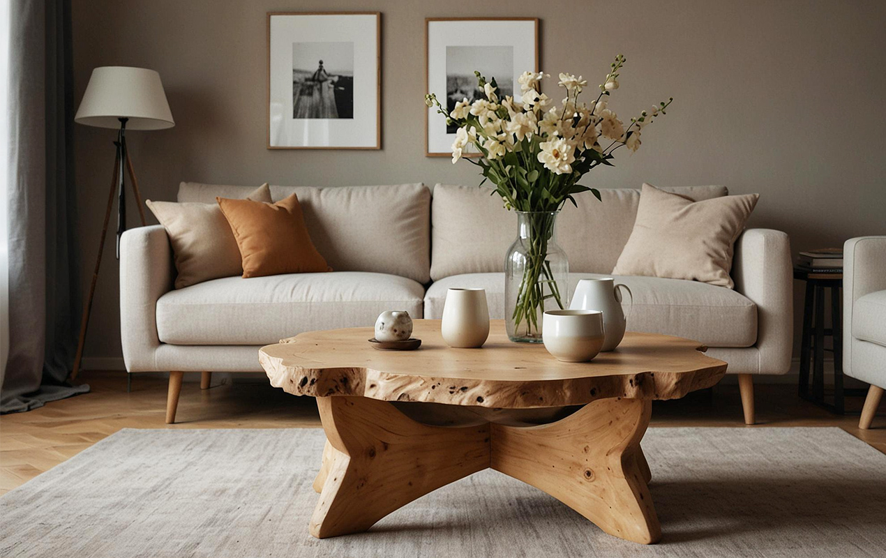 Living room with a round solid wood coffee table