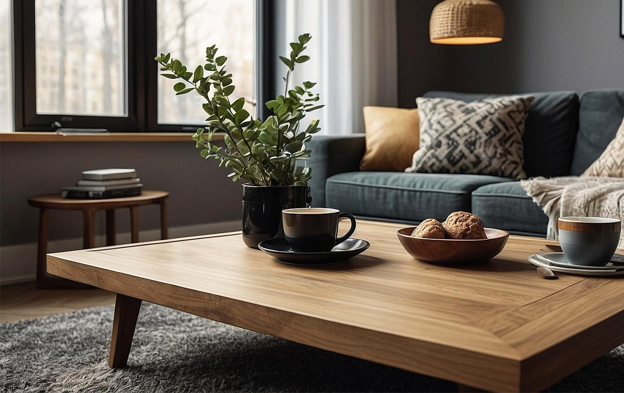 Home living room with low wooden table