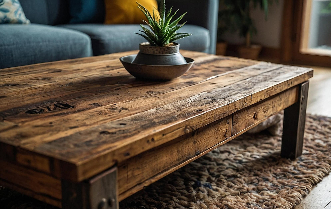 Home interior with rustic living room with solid wood coffee table