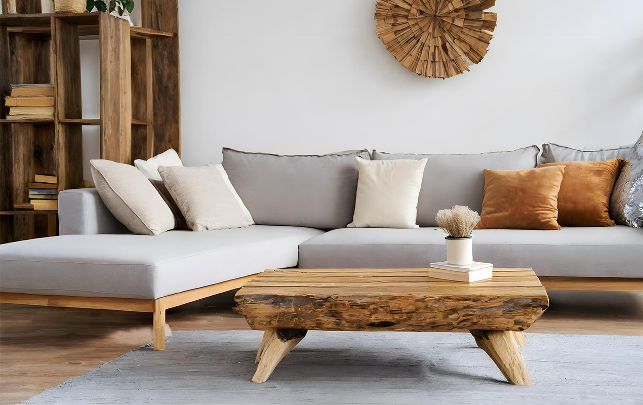 Modern living room interior with a solid wood coffee table