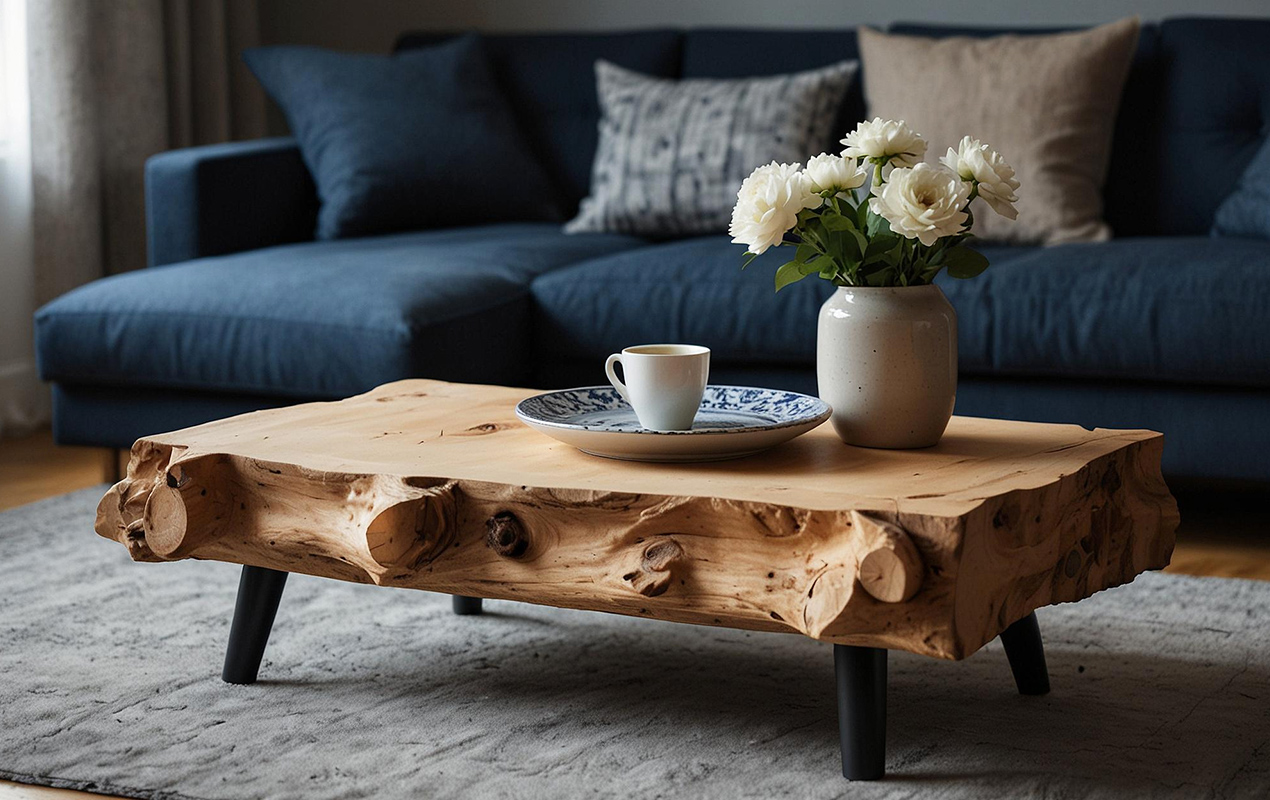 Living room interior with solid wood coffee table