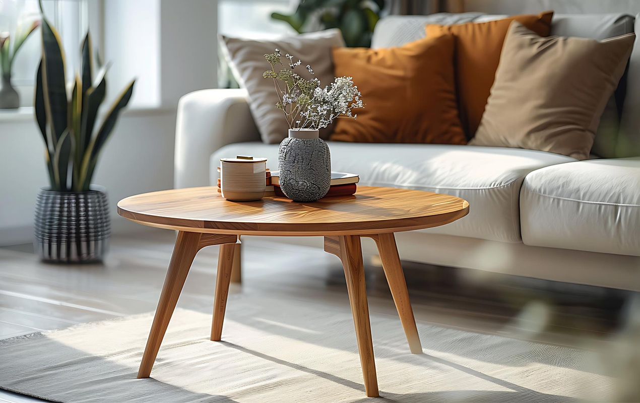 Home interior with round pedestal coffee table